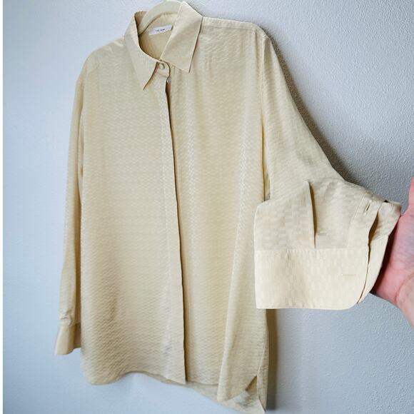 The Row Yellow Embossed Print 100% Silk Collared Button Blouse Top M - Picture 1 of 13